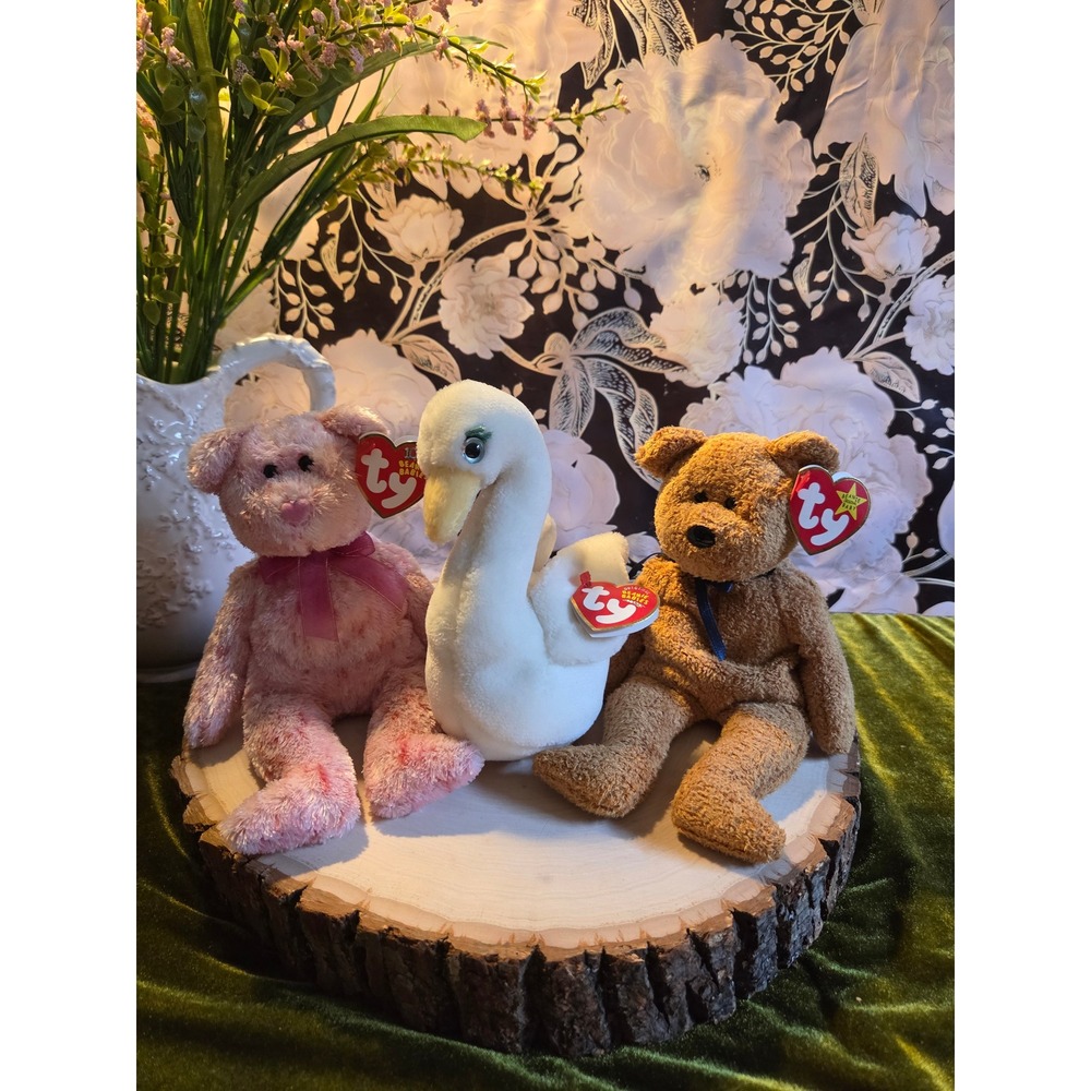 😎Ty Beanie Babies Bundle Smitten Bear Goddess Swan Fuzz Bear Plush Toys w/ Tags
